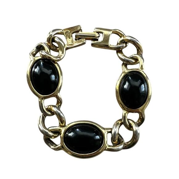Other Jewelry - Gold Tone Link Bracelet Black Stones Rounded Ovals c 1950s Jewelry Cabochon